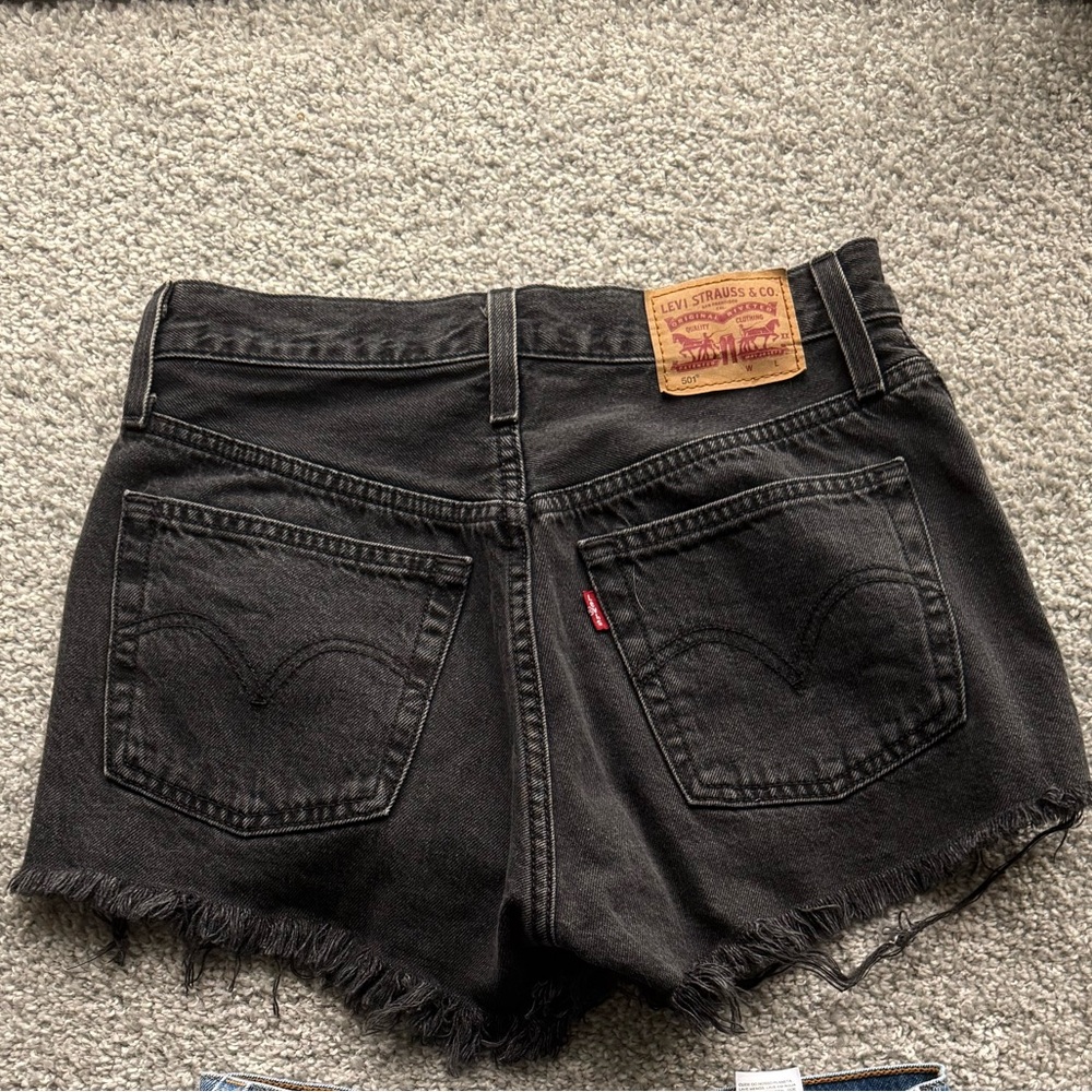 Levi's 501 premium high waisted Black Jean Shorts with Distressed Hem